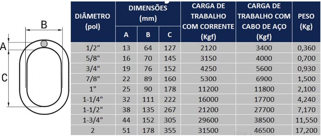 Tabela de especificações de ANEL DE SUSTENTAÇÃO FORJADO GRAU 80